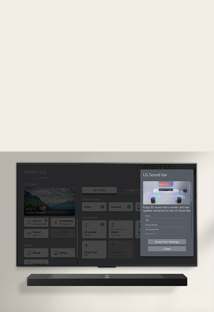 Die LG Soundbar befindet sich unter einem LG QNED TV. Auf dem Fernsehbildschirm wird die Benutzeroberfläche für die Lautstärkeregelung der Soundbar und des Fernsehers angezeigt.