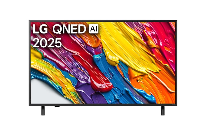 Frontansicht des LG QNED82 TV, LG QNED Al Logo in der oberen Ecke. LG QNED TV zeigt farbenfrohe, malerische Texturen, die zusammenkommen.