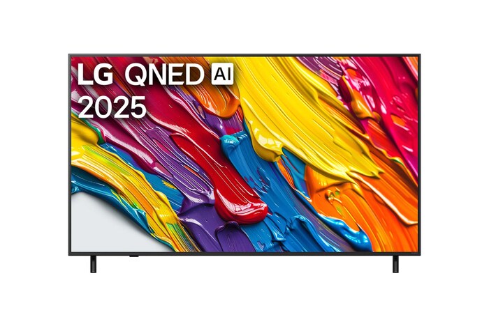 Frontansicht des LG QNED82 TV, LG QNED Al Logo in der oberen Ecke. LG QNED TV zeigt farbenfrohe, malerische Texturen, die zusammenkommen.