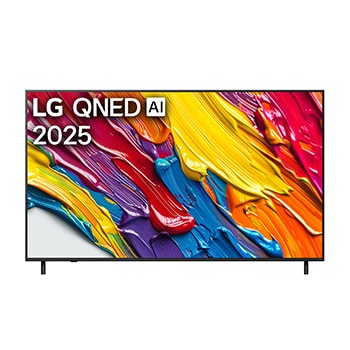 Frontansicht des LG QNED82 TV, LG QNED Al Logo in der oberen Ecke. LG QNED TV zeigt farbenfrohe, malerische Texturen, die zusammenkommen.