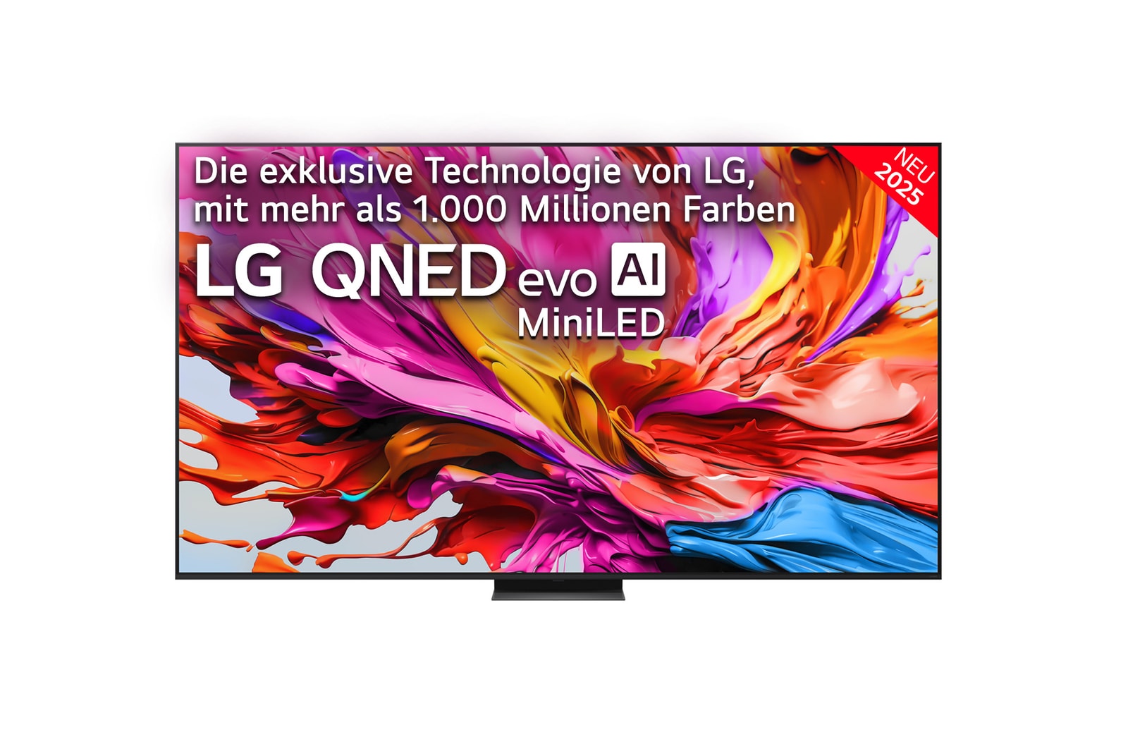 Frontansicht des LG QNED evo QNED85 TV, LG QNED evo Al Logo in der oberen Ecke. LG QNED evo QNED85 TV zeigt farbenfrohe, malerische Texturen, die zusammenkommen.