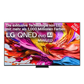 Frontansicht des LG QNED evo QNED85 TV, LG QNED evo Al Logo in der oberen Ecke. LG QNED evo QNED85 TV zeigt farbenfrohe, malerische Texturen, die zusammenkommen.