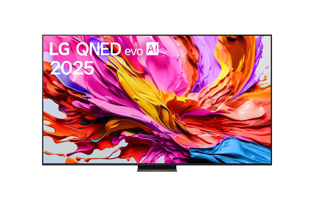 Frontansicht des LG QNED evo QNED85 TV, LG QNED evo Al Logo in der oberen Ecke. LG QNED evo QNED85 TV zeigt farbenfrohe, malerische Texturen, die zusammenkommen.