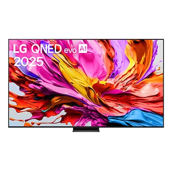 Frontansicht des LG QNED evo QNED85 TV, LG QNED evo Al Logo in der oberen Ecke. LG QNED evo QNED85 TV zeigt farbenfrohe, malerische Texturen, die zusammenkommen.