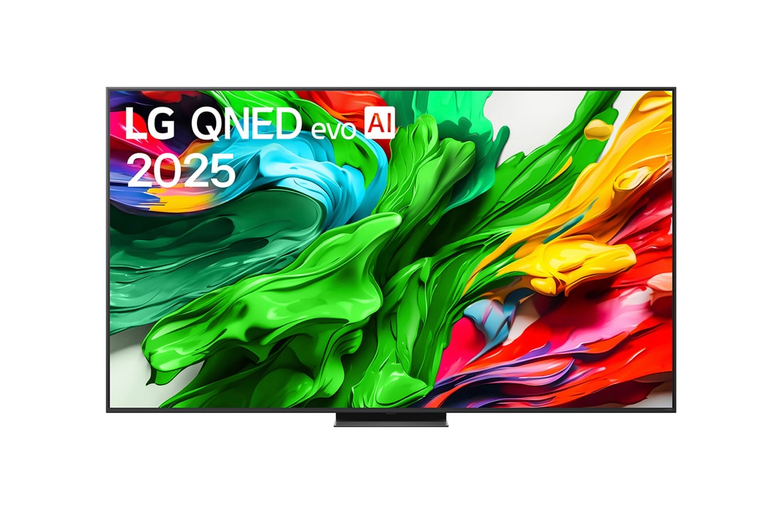 Frontansicht des LG QNED evo QNED86 TV, LG QNED evo Al Logo in der oberen Ecke. LG QNED evo QNED85 TV zeigt farbenfrohe, malerische Texturen, die zusammenkommen.