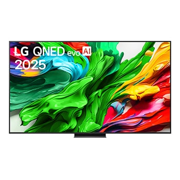 Frontansicht des LG QNED evo QNED86 TV, LG QNED evo Al Logo in der oberen Ecke. LG QNED evo QNED85 TV zeigt farbenfrohe, malerische Texturen, die zusammenkommen.