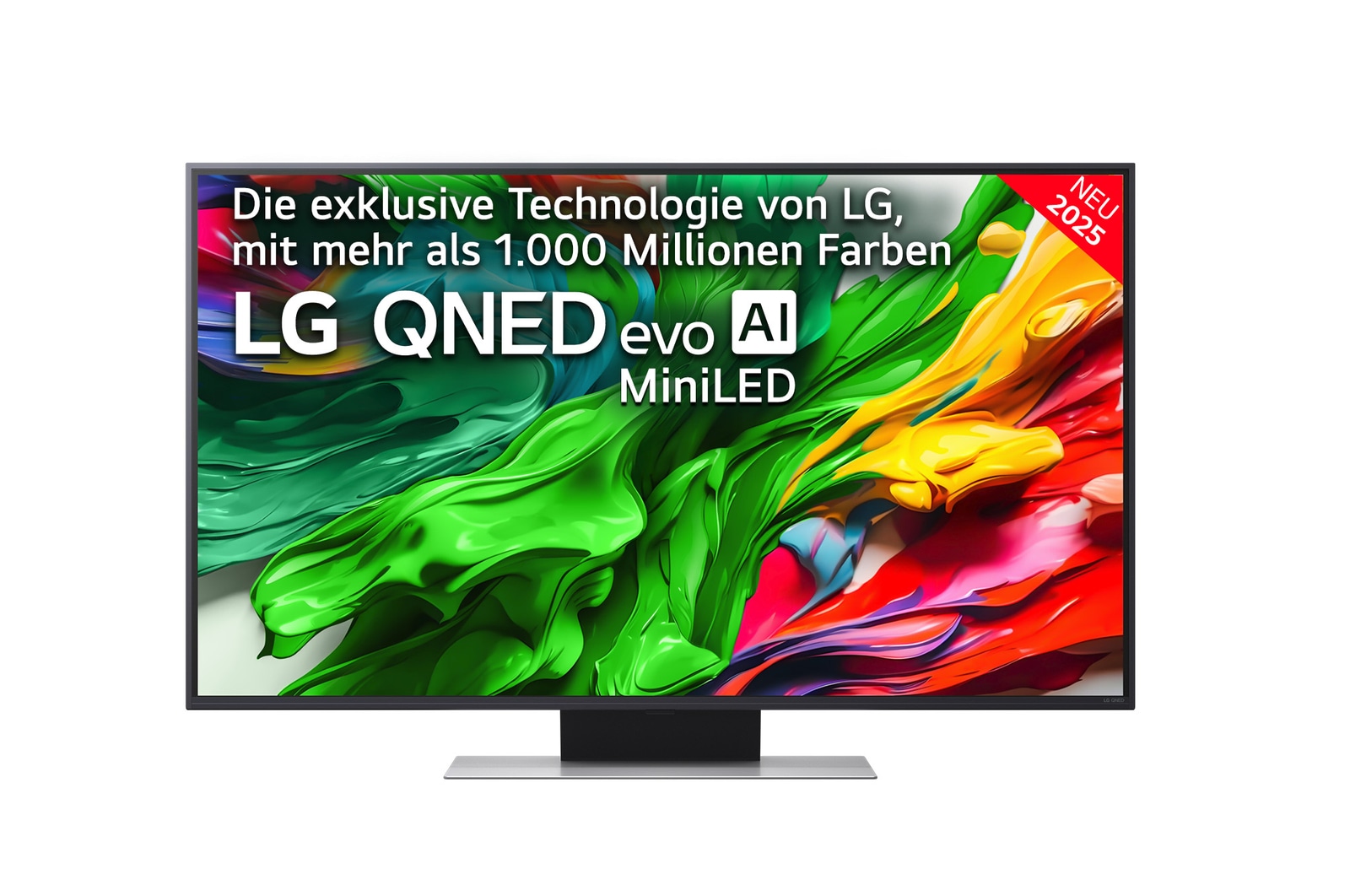 Frontansicht des LG QNED evo QNED85 TV, LG QNED evo Al Logo in der oberen Ecke. LG QNED evo QNED85 TV zeigt farbenfrohe, malerische Texturen, die zusammenkommen.