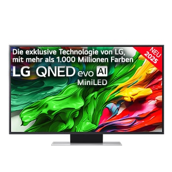 Frontansicht des LG QNED evo QNED85 TV, LG QNED evo Al Logo in der oberen Ecke. LG QNED evo QNED85 TV zeigt farbenfrohe, malerische Texturen, die zusammenkommen.