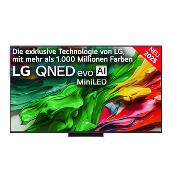 Frontansicht des LG QNED evo QNED85 TV, LG QNED evo Al Logo in der oberen Ecke. LG QNED evo QNED85 TV zeigt farbenfrohe, malerische Texturen, die zusammenkommen.
