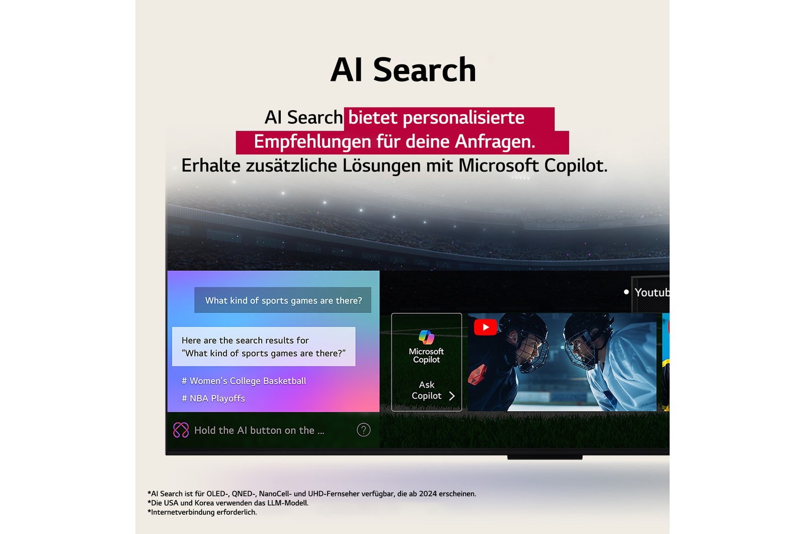 Nahaufnahme eines LG TV-Bildschirms, der zeigt, wie AI Search funktioniert. Ein kleines Chat-Fenster ist geöffnet und zeigt, wie der Benutzer nachfragt, welche Sportspiele verfügbar sind. AI Search antwortete per Chat und zeigte Vorschaubilder verfügbarer Inhalte an. Es wird auch eine Aufforderung mit einer Frage an Microsoft Copilot angezeigt. 