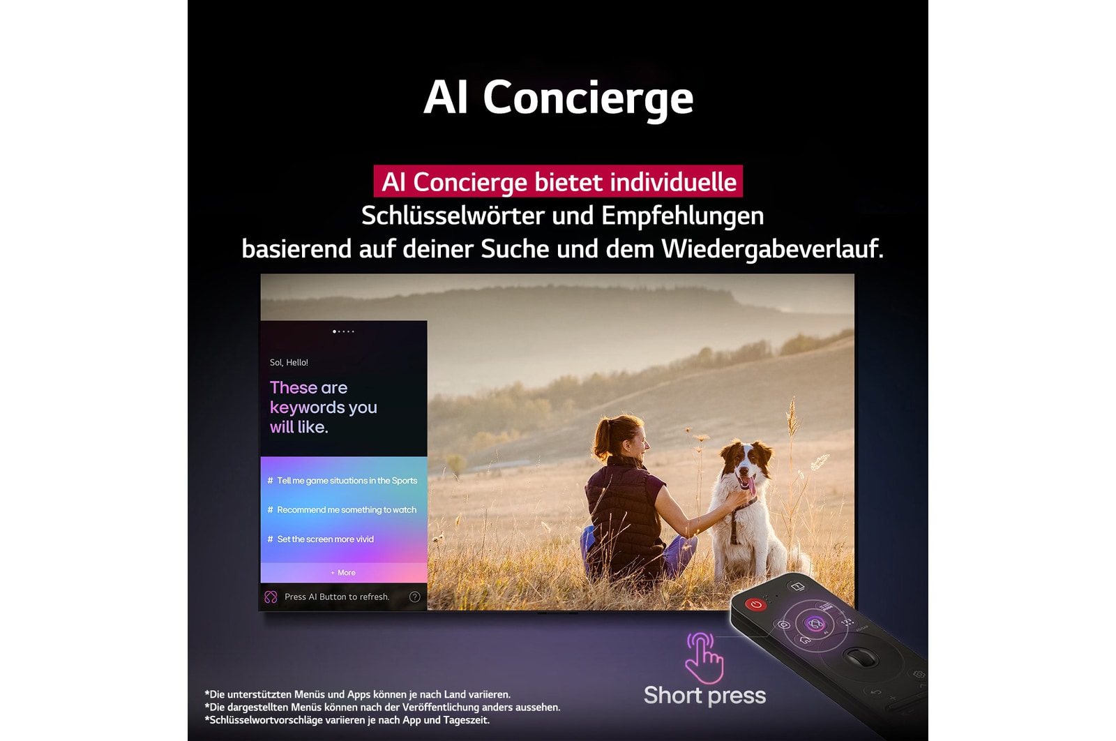 Nahaufnahme eines LG TV-Bildschirms, der zeigt, wie AI Search funktioniert. Ein kleines Chat-Fenster ist geöffnet und zeigt, wie der Benutzer nachfragt, welche Sportspiele verfügbar sind. AI Search antwortete per Chat und zeigte Vorschaubilder verfügbarer Inhalte an. Es wird auch eine Aufforderung mit einer Frage an Microsoft Copilot angezeigt. 