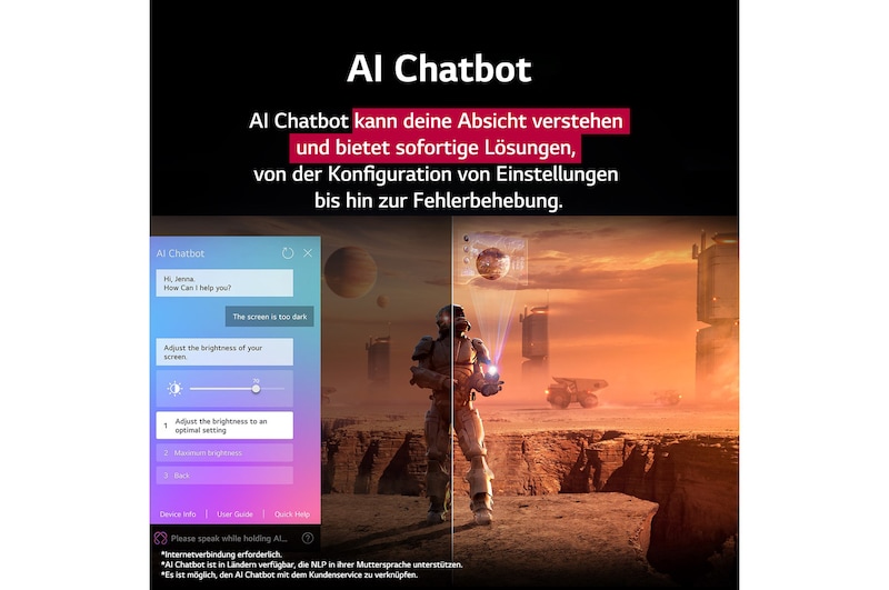 Nahaufnahme eines LG TV-Bildschirms, der zeigt, wie AI Search funktioniert. Ein kleines Chat-Fenster ist geöffnet und zeigt, wie der Benutzer nachfragt, welche Sportspiele verfügbar sind. AI Search antwortete per Chat und zeigte Vorschaubilder verfügbarer Inhalte an. Es wird auch eine Aufforderung mit einer Frage an Microsoft Copilot angezeigt. 