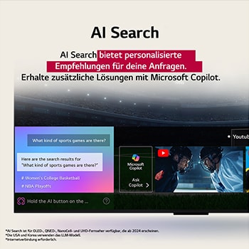 Nahaufnahme eines LG TV-Bildschirms, der zeigt, wie AI Search funktioniert. Ein kleines Chat-Fenster ist geöffnet und zeigt, wie der Benutzer nachfragt, welche Sportspiele verfügbar sind. AI Search antwortete per Chat und zeigte Vorschaubilder verfügbarer Inhalte an. Es wird auch eine Aufforderung mit einer Frage an Microsoft Copilot angezeigt. 
