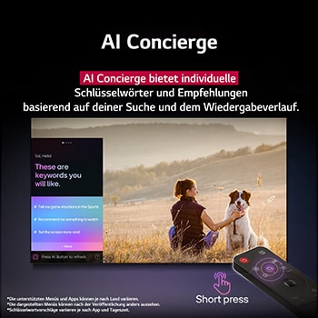 Nahaufnahme eines LG TV-Bildschirms, der zeigt, wie AI Search funktioniert. Ein kleines Chat-Fenster ist geöffnet und zeigt, wie der Benutzer nachfragt, welche Sportspiele verfügbar sind. AI Search antwortete per Chat und zeigte Vorschaubilder verfügbarer Inhalte an. Es wird auch eine Aufforderung mit einer Frage an Microsoft Copilot angezeigt. 