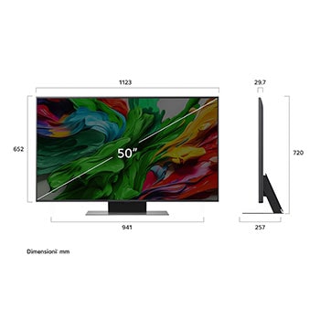 Frontansicht und Seitenansicht des LG QNED evo AI QNED85 4K Smart TV mit den Abmessungen Länge, Breite, Höhe und Tiefe.