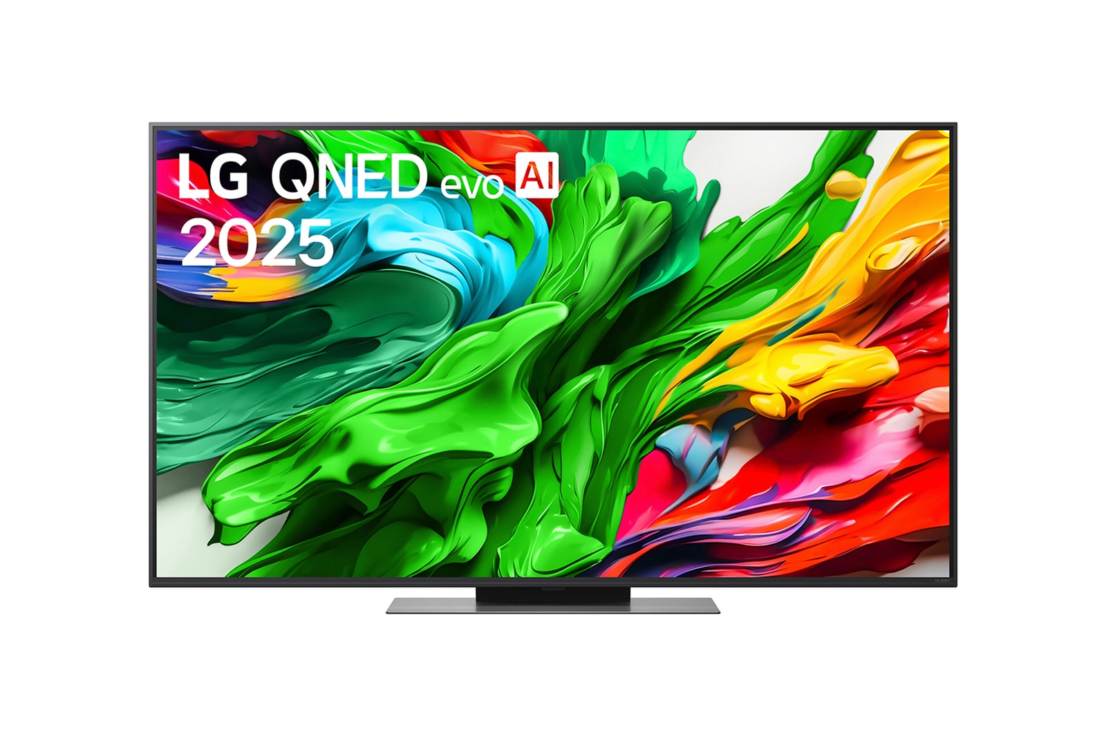 Frontansicht des LG QNED evo QNED85 TV, LG QNED evo Al Logo in der oberen Ecke. LG QNED evo QNED85 TV zeigt farbenfrohe, malerische Texturen, die zusammenkommen.