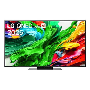 Frontansicht des LG QNED evo QNED85 TV, LG QNED evo Al Logo in der oberen Ecke. LG QNED evo QNED85 TV zeigt farbenfrohe, malerische Texturen, die zusammenkommen.