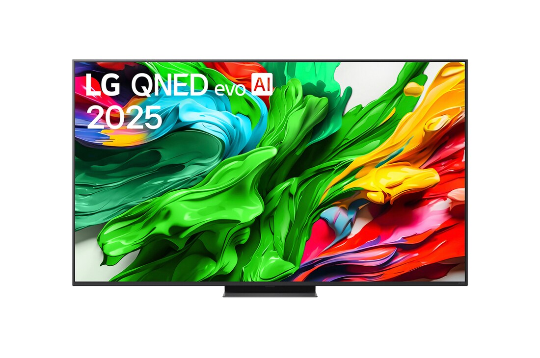 Frontansicht des LG QNED evo QNED85 TV, LG QNED evo Al Logo in der oberen Ecke. LG QNED evo QNED85 TV zeigt farbenfrohe, malerische Texturen, die zusammenkommen.