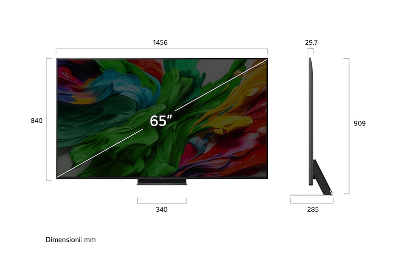 Frontansicht und Seitenansicht des LG QNED evo AI QNED85 4K Smart TV mit den Abmessungen Länge, Breite, Höhe und Tiefe.