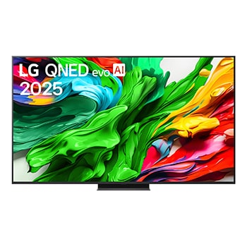 Frontansicht des LG QNED evo QNED85 TV, LG QNED evo Al Logo in der oberen Ecke. LG QNED evo QNED85 TV zeigt farbenfrohe, malerische Texturen, die zusammenkommen.