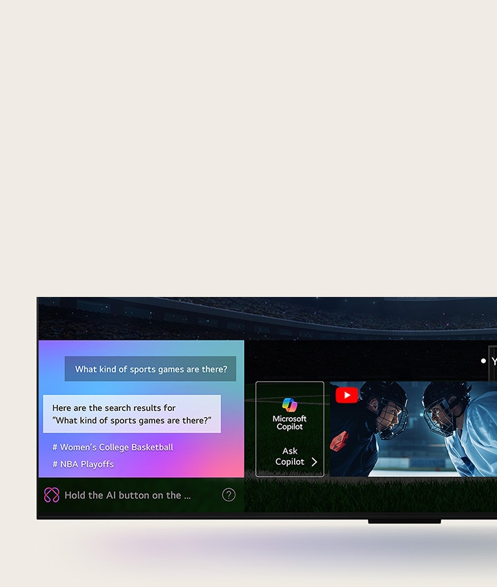 Nahaufnahme eines LG QNED TV-Bildschirms, der zeigt, wie AI Search funktioniert. Ein kleines Chat-Fenster ist geöffnet und zeigt, wie der Benutzer nachfragt, welche Sportspiele verfügbar sind. AI Search antwortete per Chat und zeigte Vorschaubilder verfügbarer Inhalte an. Es wird auch eine Aufforderung mit einer Frage an Microsoft Copilot angezeigt. 