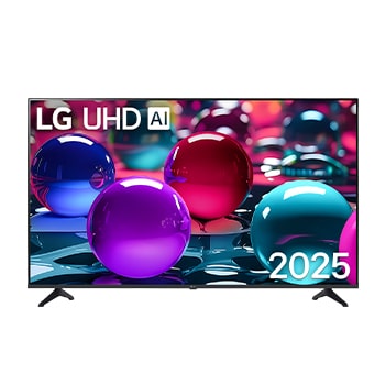 Frontansicht des UHD UA73 TV, LG UHD Al Logo in der oberen Ecke. LG UHD TV zeigt farbenfrohe, malerische Texturen, die zusammenkommen.