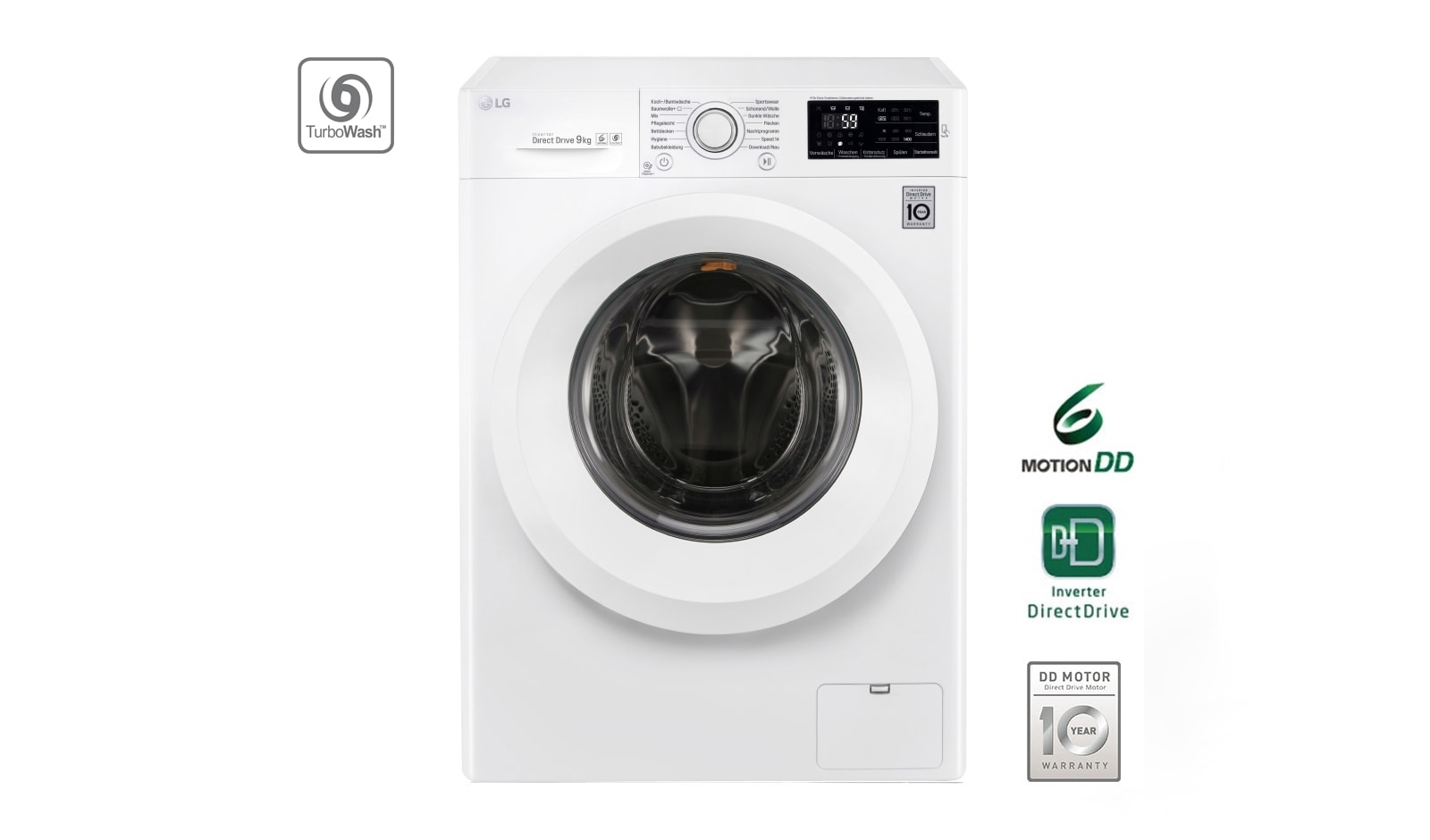 Vorderseite von Waschmaschine mit 6 Motion Direct Drive™, 9 kg Fassungsvermögen und TurboWash™ F14U2V9KG