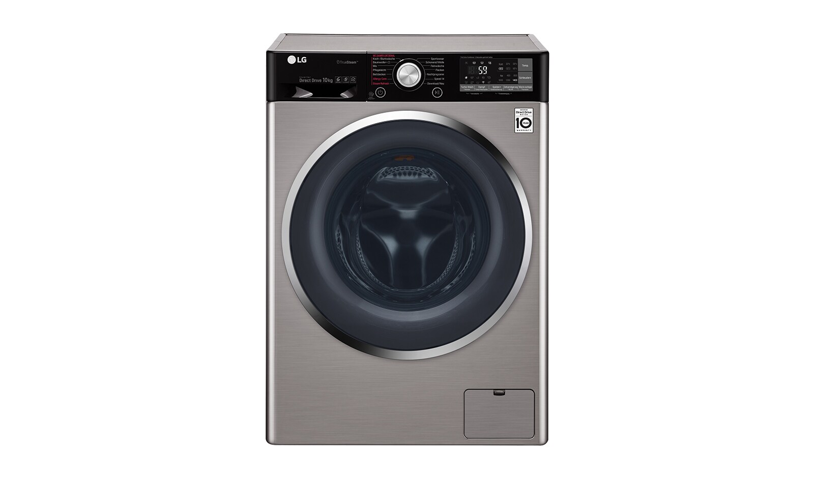 Vorderseite von Waschmaschine mit 10 kg Fassungsvermögen, True Steam Technologie und Smart ThinQ App F14WM10TT6