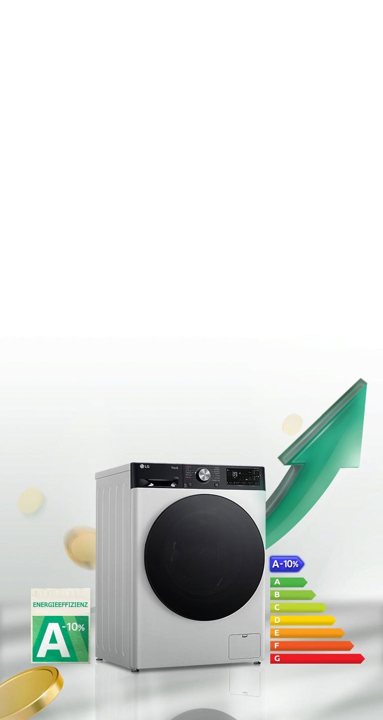 "Das Etikett mit der Energieeffizienzklasse A-10% und das Diagramm mit der Energieeffizienzklasse sind neben der Waschmaschine angebracht. Hinter der Waschmaschine erscheint ein grüner Pfeil, der nach oben zeigt."