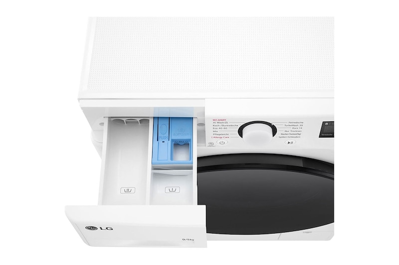 LG Waschtrockner mit 1.200 U./Min. | EEK A/E | 9 kg Waschen | 5 kg Trocknen | Weiss mit schwarzem Bullaugenring | V5WD95SLIM, V5WD95SLIM