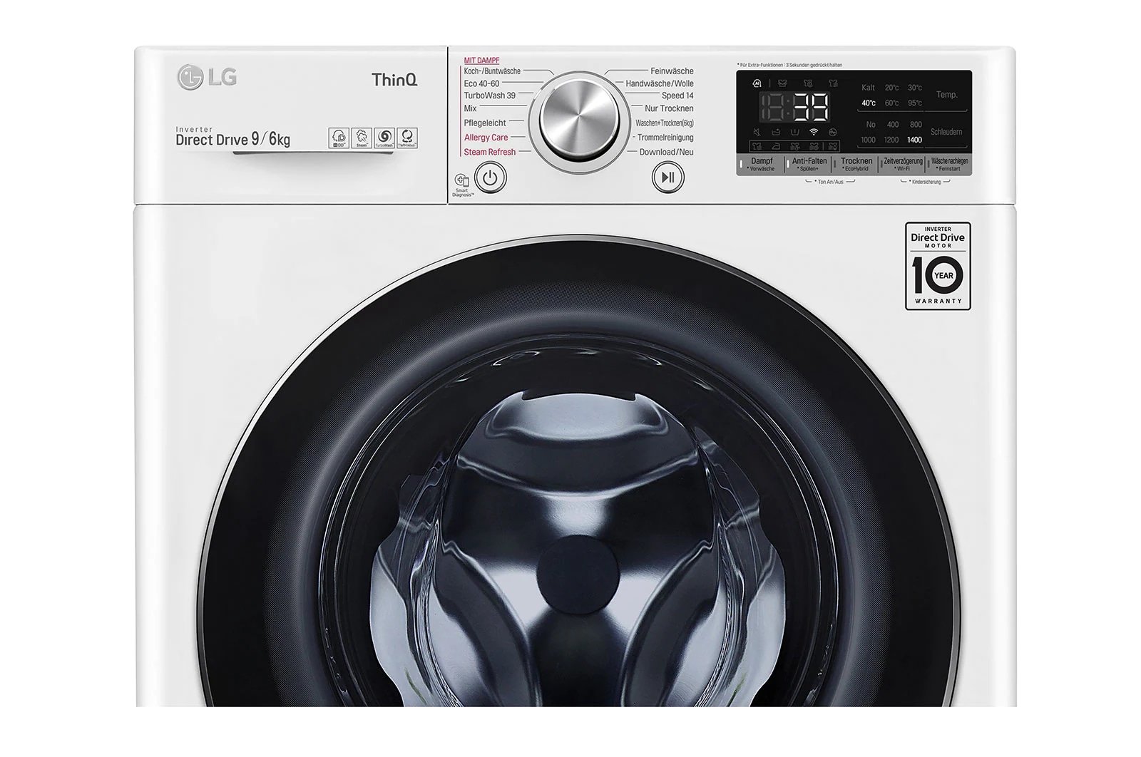 LG Waschtrockner mit AI DD™ | 9 kg Waschen | 6 kg Trocknen | 1400 U/Min | Steam | TurboWash™ 360° | Neue Wohlfühl-Trommel | Wi-Fi-Funktion, V7WD96H1A