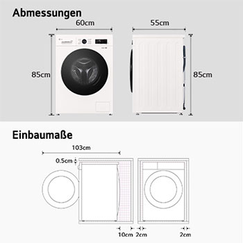 Technische Zeichnung des LG Waschtrockners W4WB3095Y: B 60, H 85, T 55 cm (Tür offen 103 cm), inkl. Einbaumaße.