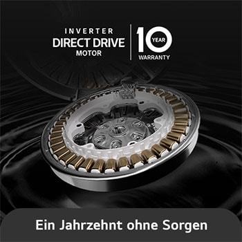 Nahaufnahme des Inverter Direct Drive Motors im LG 9 kg / 6 kg Waschtrockner W4WB3095Y, der Langlebigkeit und 10 Jahre Garantie hervorhebt.