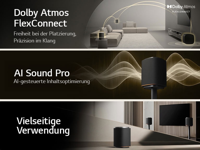 1) LG Sound Suite mit Dolby Atmos FlexConnect-Technologie erkennt die Position jedes Lautsprechers, um Surround-Sound-Systeme zu optimieren 2) LG Sound Suite Lautsprecher senden goldene Schallwellen aus, was AI Sound Pro für ein optimiertes Heim-Soundsystem veranschaulich. 3) LG Sound Suite Lautsprecher zusammen mit einem Fernseher, was die vielseitige Nutzung für Heim-Audiosysteme hervorhebt.