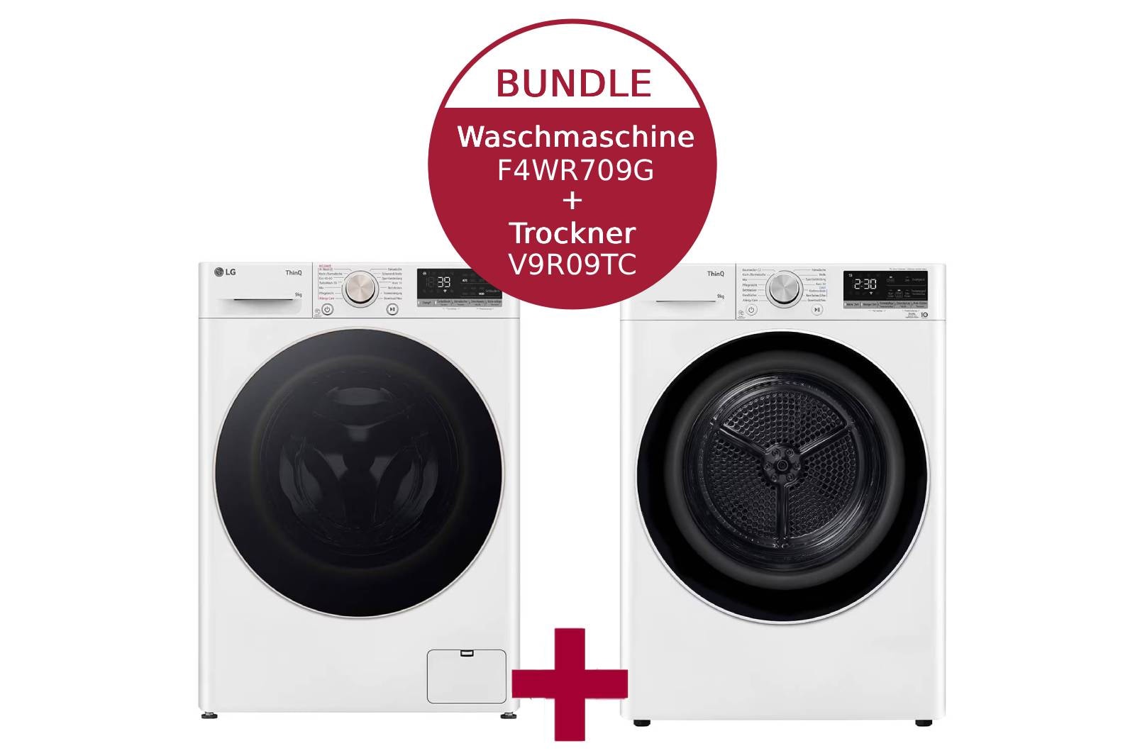 Vorderseite von Waschmaschine Weiss (A-10%*, 9 kg, 1.360 U./Min.) mit AI DD® & TurboWash®360°+Trockner mit Dual Inverter Wärmepumpentechnologie & Sicherheitsglastür F4WR709G.V9R09CH