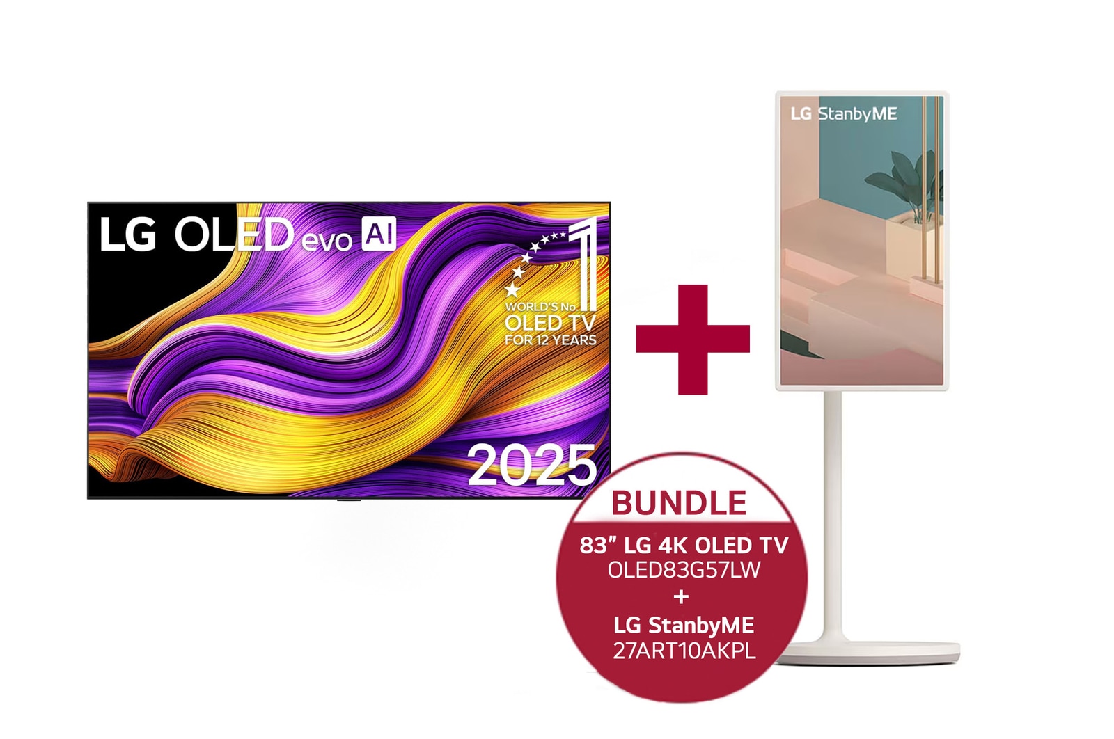 Vue avant de 83 Smart TV LG OLED evo AI 4K G5 2025 &amp; StanbyME de LG OLED83G57LW.27ART10