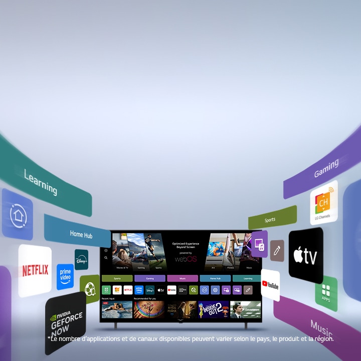 LG Smart TV affichant l’écran d’accueil webOS avec des applications de divertissement et des éléments d’interface utilisateur LG Channels qui s’étendent de manière dynamique vers l’extérieur, mettant en valeur plus d’applications et de chaînes internationales.