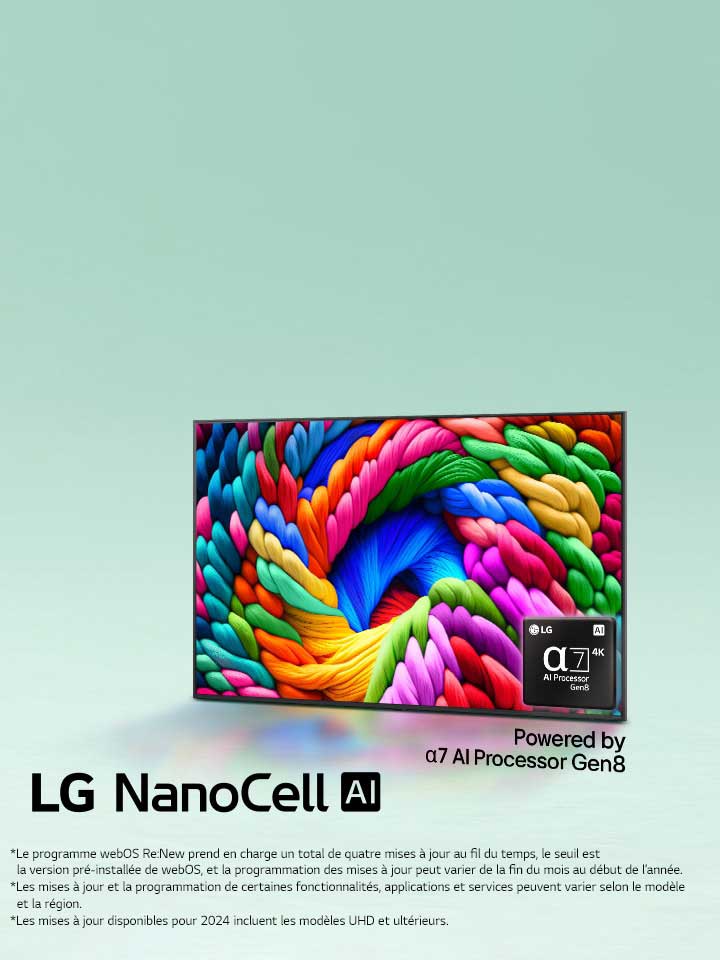 La LG NanoCell TV est légèrement inclinée vers la gauche et représente des fils colorés. Le logo processeur alpha 7 AI de 8ème génération est situé dans le coin inférieur droit de la TV. L’arrière-plan est un léger dégradé bleu sarcelle. Le texte est également visible, alimenté par le processeur alpha 7 AI de 8ème génération.