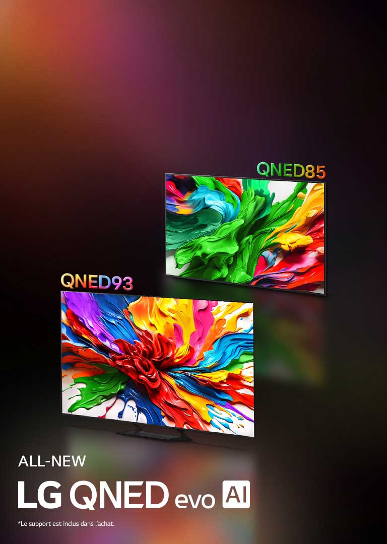 LG TVs présentant à l’écran des œuvres d’art colorées mettant en valeur la nouvelle technologie de reproduction des couleurs éclatantes et dynamiques de LG QNED. Le logo TOUTE NOUVELLE LG QNED evo AI est également présent.