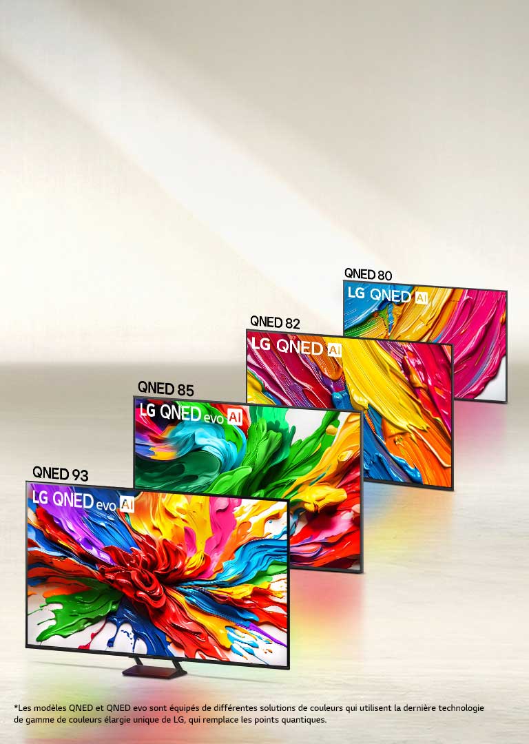 Gamme de quatre TVs LG QNED evo AI en formation, QNED80, QNED82, QNED85, QNED93. 