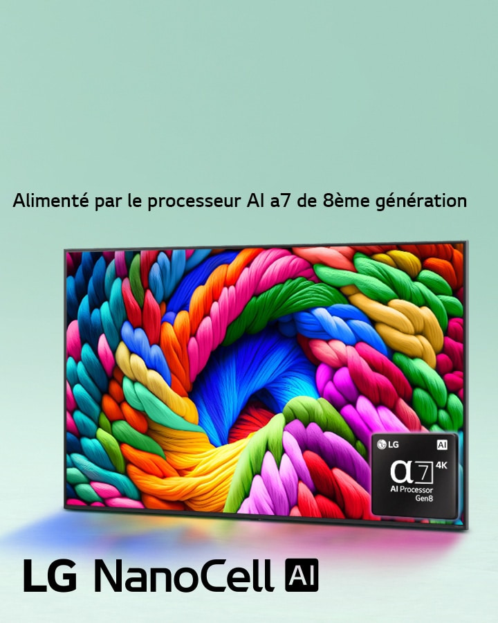 La LG NanoCell TV est légèrement inclinée vers la gauche et représente des fils colorés. Le logo processeur alpha 7 AI 4K est situé dans le coin inférieur droit de la TV. L’arrière-plan est un léger dégradé bleu sarcelle. 