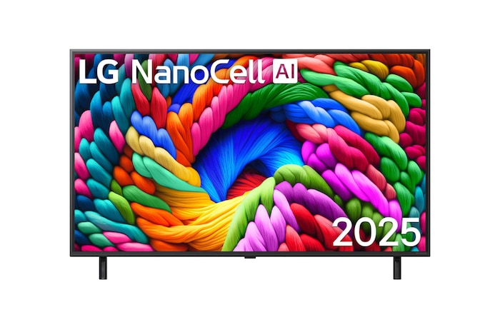 Vue avant de la TV NanoCell, logo LG NanoCell Al dans le coin supérieur. La TV LG NanoCell NANO80 représente des textures colorées semblables à de la peinture, réunies.