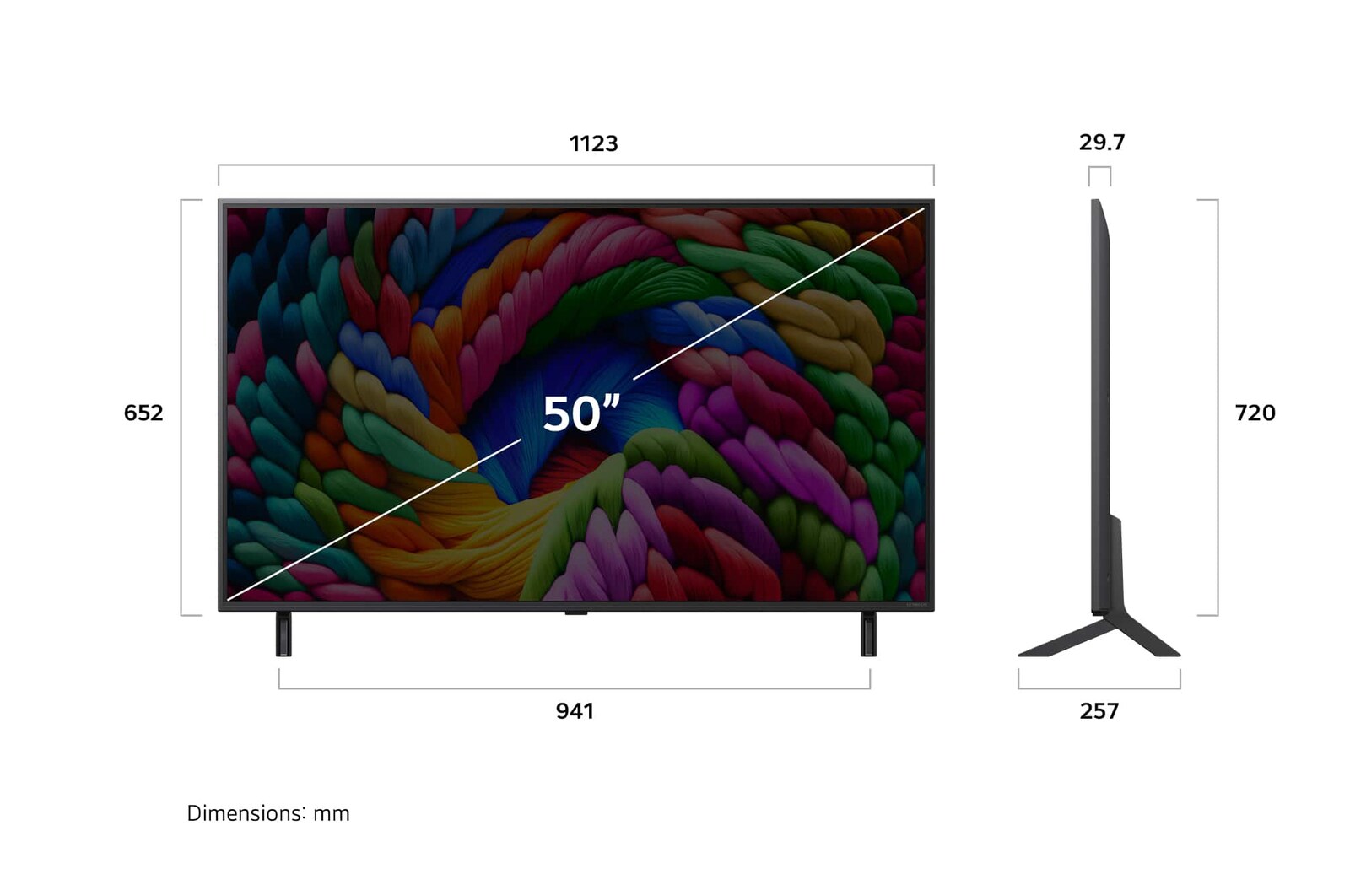 Vue avant et latérale de la Smart TV LG NanoCell NANO80 AI 4K montrant ses dimensions de longueur, largeur, hauteur et profondeur.