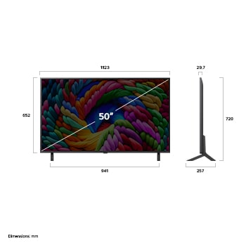 Vue avant et latérale de la Smart TV LG NanoCell NANO80 AI 4K montrant ses dimensions de longueur, largeur, hauteur et profondeur.