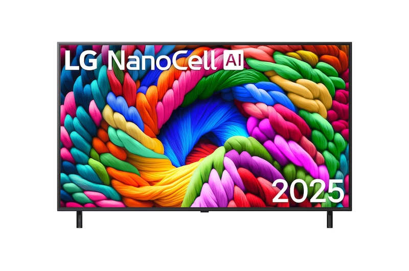 Vue avant de la TV NanoCell, logo LG NanoCell Al dans le coin supérieur. La TV LG NanoCell NANO80 représente des textures colorées semblables à de la peinture, réunies.
