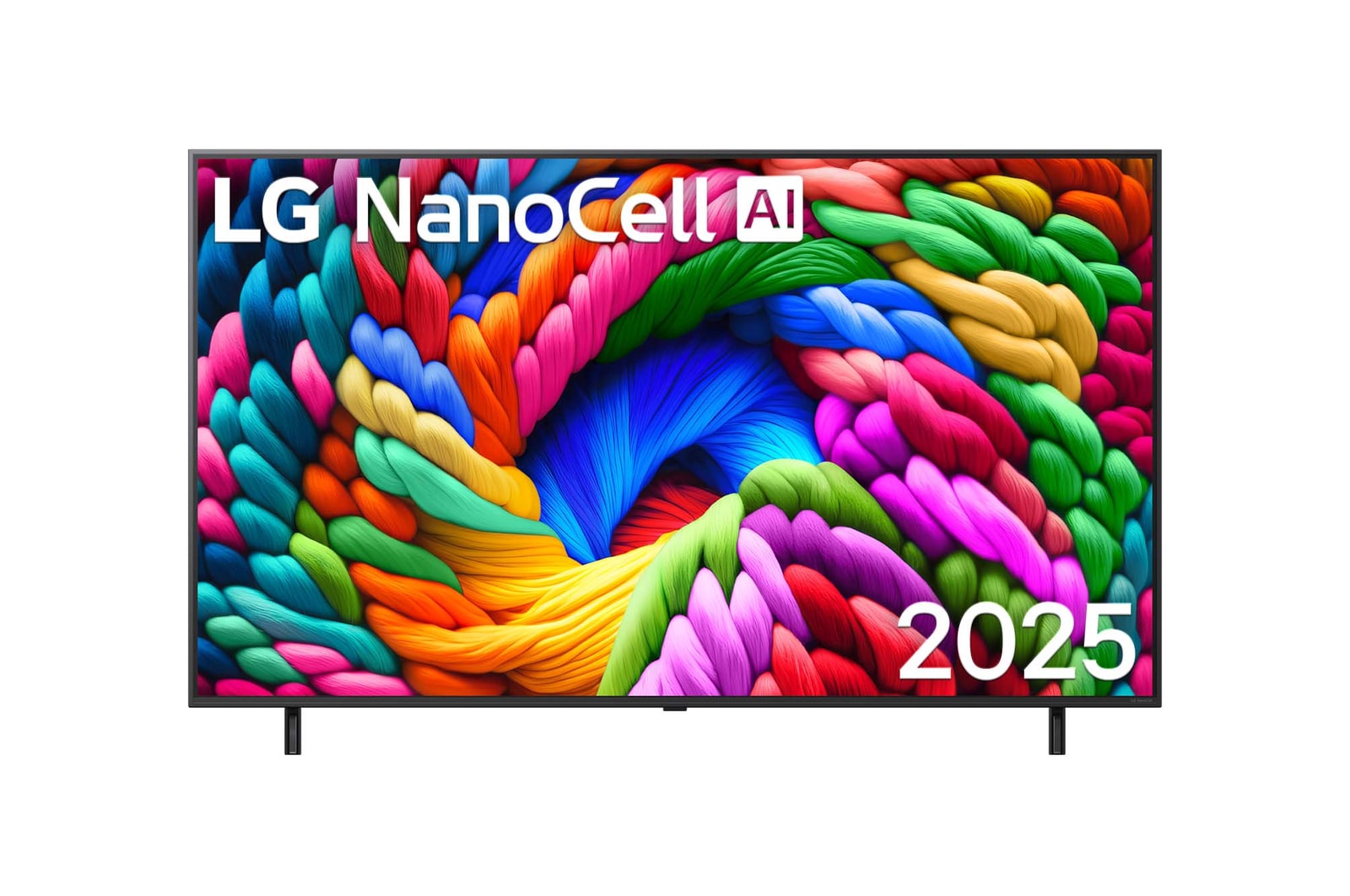 Vue avant de la TV NanoCell, logo LG NanoCell Al dans le coin supérieur. La TV LG NanoCell NANO80 représente des textures colorées semblables à de la peinture, réunies.