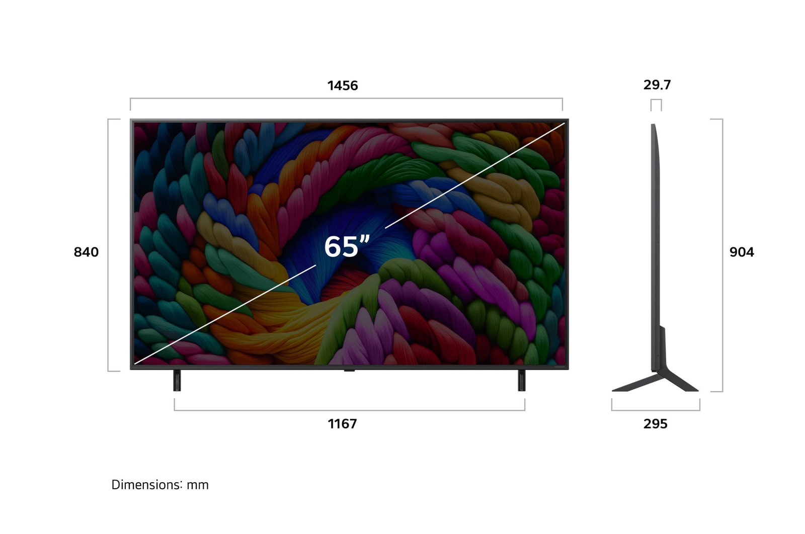 Vue avant et latérale de la Smart TV LG NanoCell NANO80 AI 4K montrant ses dimensions de longueur, largeur, hauteur et profondeur.