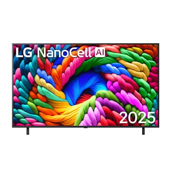 Vue avant de la TV NanoCell, logo LG NanoCell Al dans le coin supérieur. La TV LG NanoCell NANO80 représente des textures colorées semblables à de la peinture, réunies.