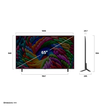 Vue avant et latérale de la Smart TV LG NanoCell NANO80 AI 4K montrant ses dimensions de longueur, largeur, hauteur et profondeur.
