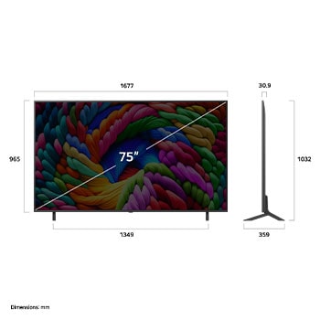 Vue avant et latérale de la Smart TV LG NanoCell NANO80 AI 4K montrant ses dimensions de longueur, largeur, hauteur et profondeur.